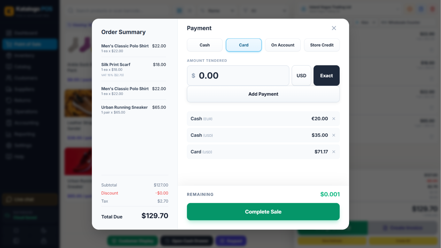 Dual currency POS checkout showing EUR and USD mixed payment with order summary and split tender