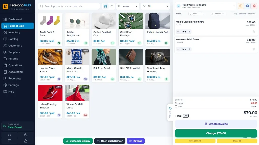 Katalogo POS register with product grid, variant size and color picker open, and wholesale checkout cart