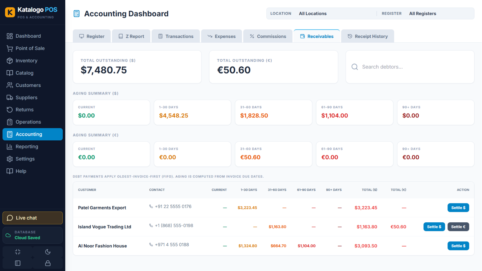 Katalogo accounting receivables dashboard with USD and EUR aging buckets and B2B customer balances