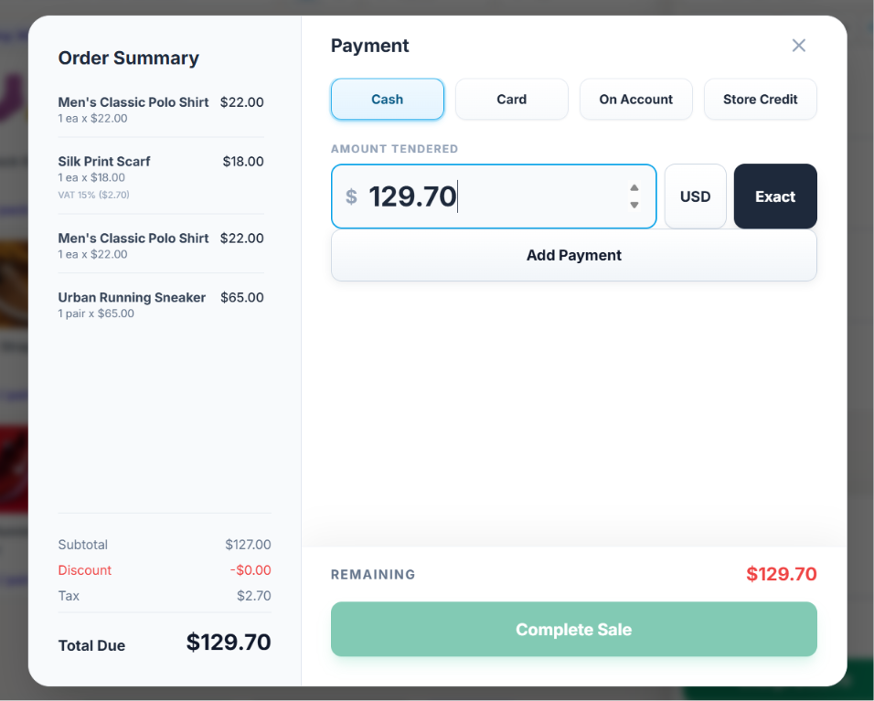 Katalogo POS payment modal with order summary, line items, and cash tender before completing sale