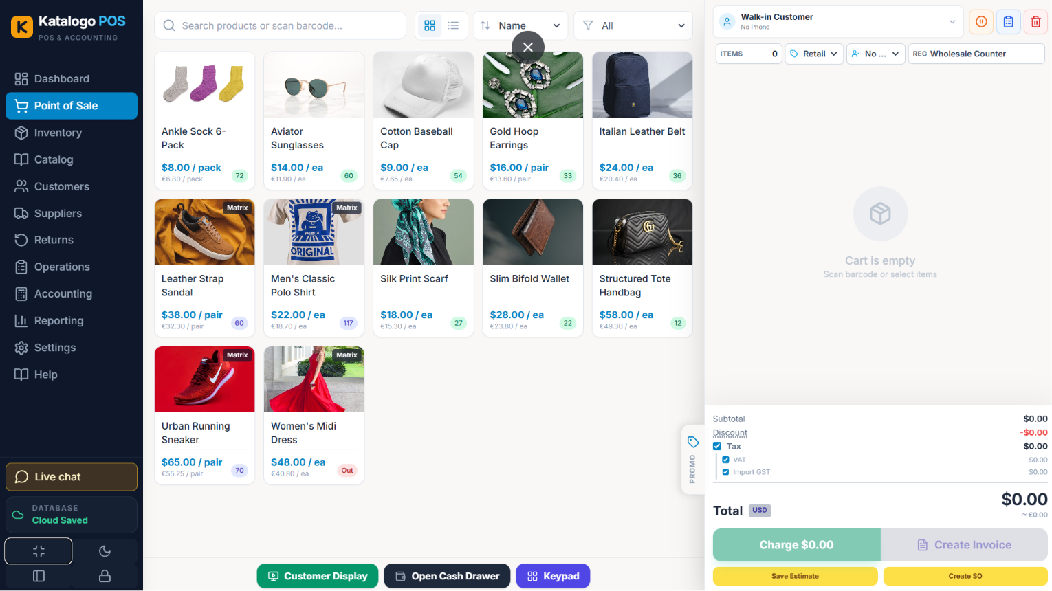 Katalogo POS product grid with SKU photos, matrix badges, dual currency prices, and stock indicators