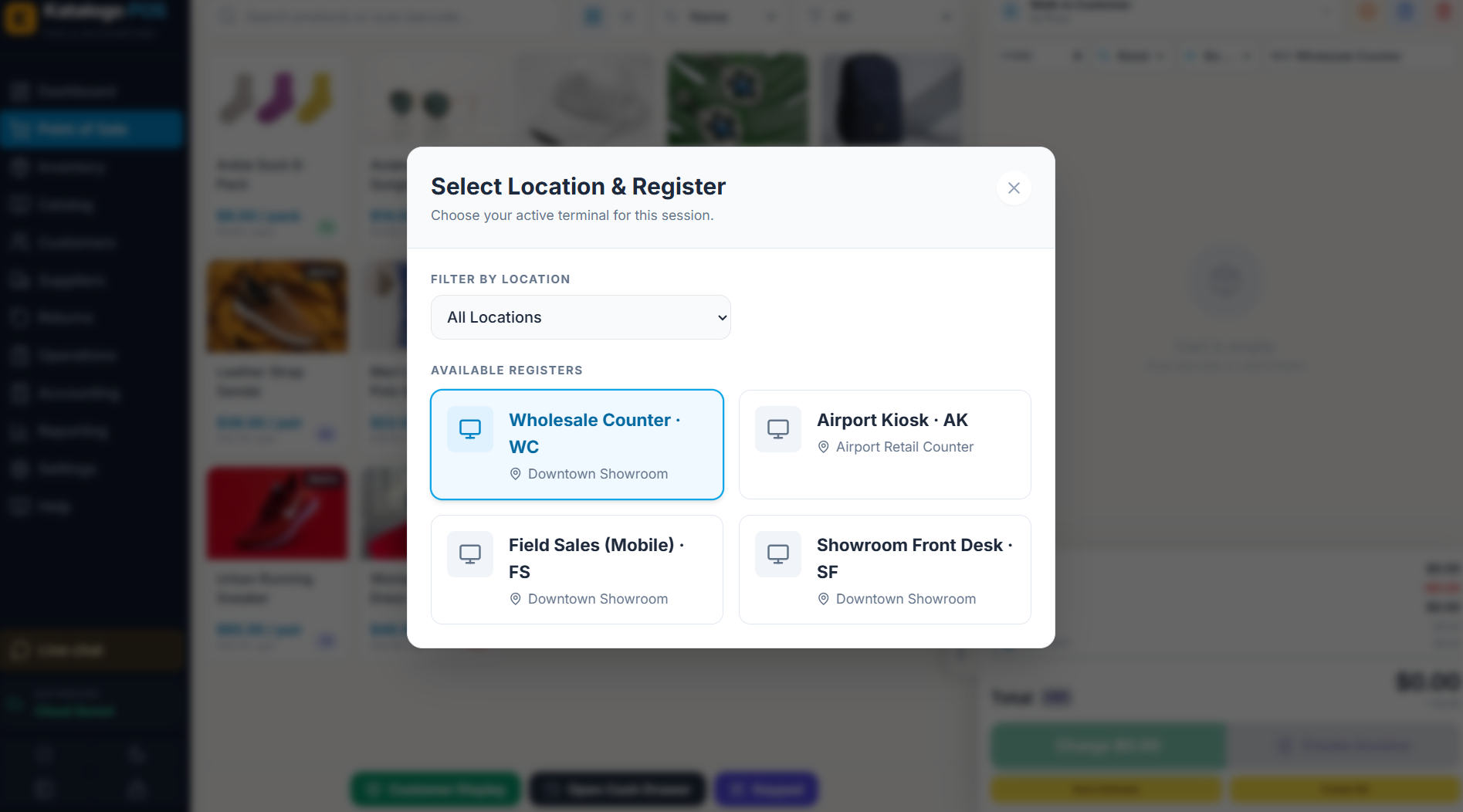 Katalogo POS register selection showing wholesale counter, airport kiosk, and multi-location terminals